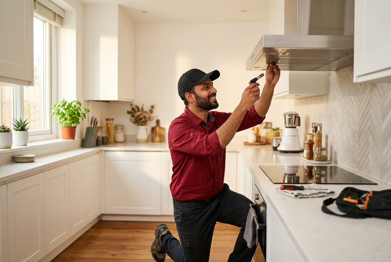 Clean City technician servicing a kitchen chimney